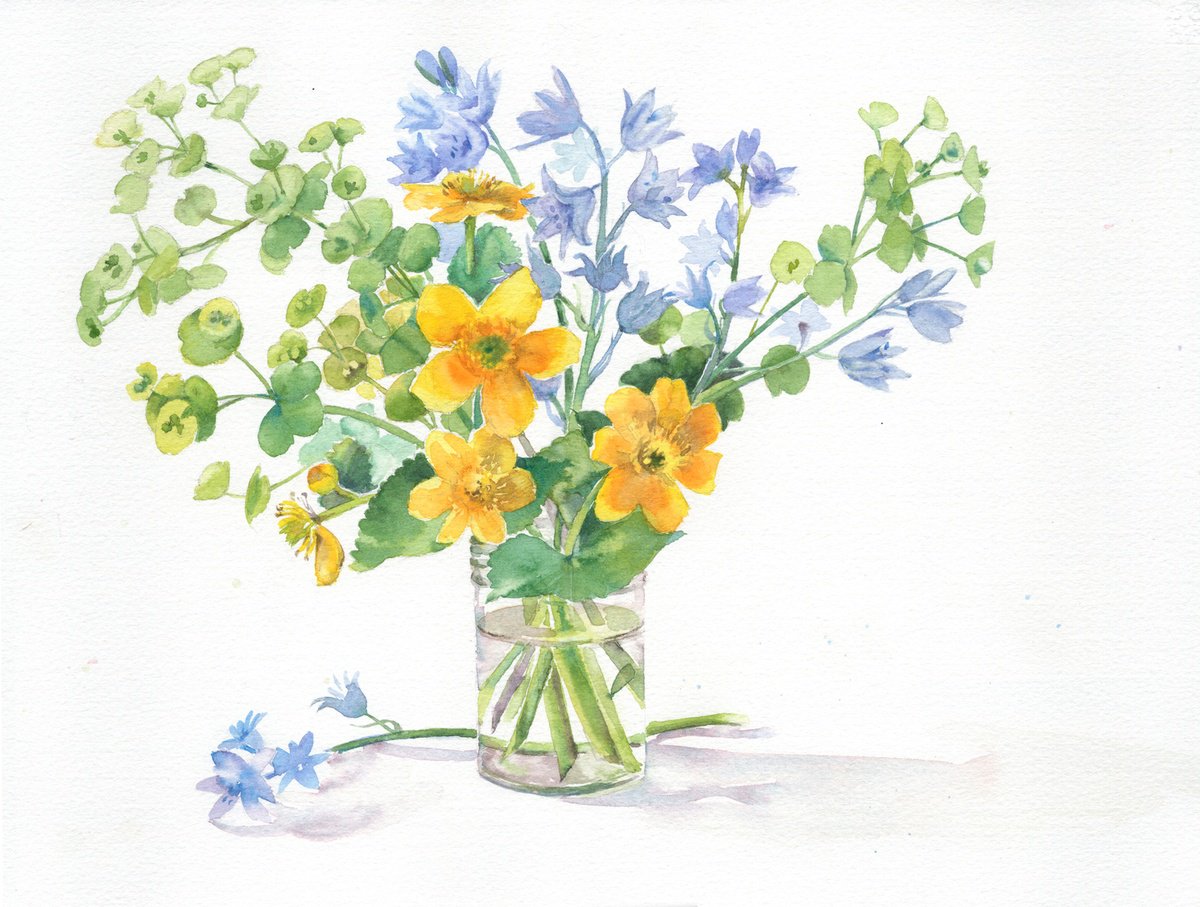 Impressionistic Watercolour , Kingcups And Bluebells By Anjana Cawdell, 15 X 11, Artwork For Sale On Artfinder