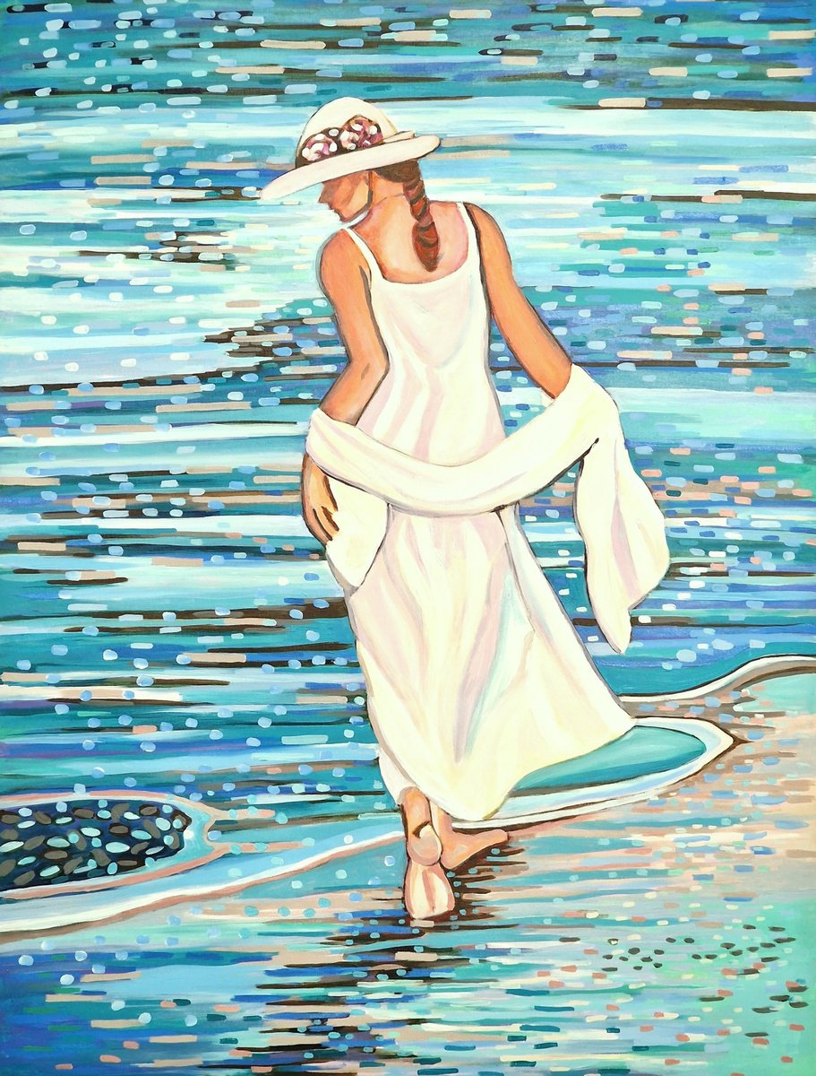 Expressive Portrait Acrylic Painting By Alexandra Djokic, 39 X 52, Sleepy Lagoon, Original Artwork