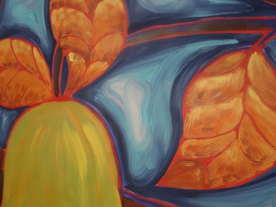 Huge yellow pear on the brunch B053 expressionist acrylic Large painting 110x160 cm unstretched canvas art
