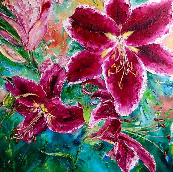 LUXURIOUS INFLORESCENCES OF LILIES - Bright landscape. Large buds. Pink lilies. Floral abstraction. Macro flowers. Blooming. Graceful.