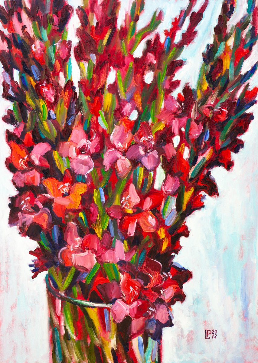 Expressive Botanical Oil Painting By Liudmila Pisliakova, 20 X 28", Gladioli, Original Artwork