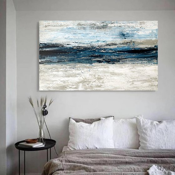Blue seascape Gray White Abstract Art.
