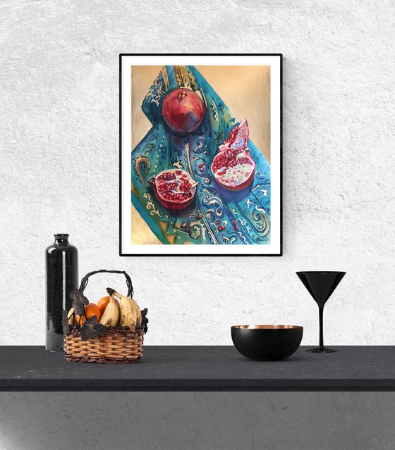 Pomegranates. Bright still life with red fruit. Pomegranate fruit