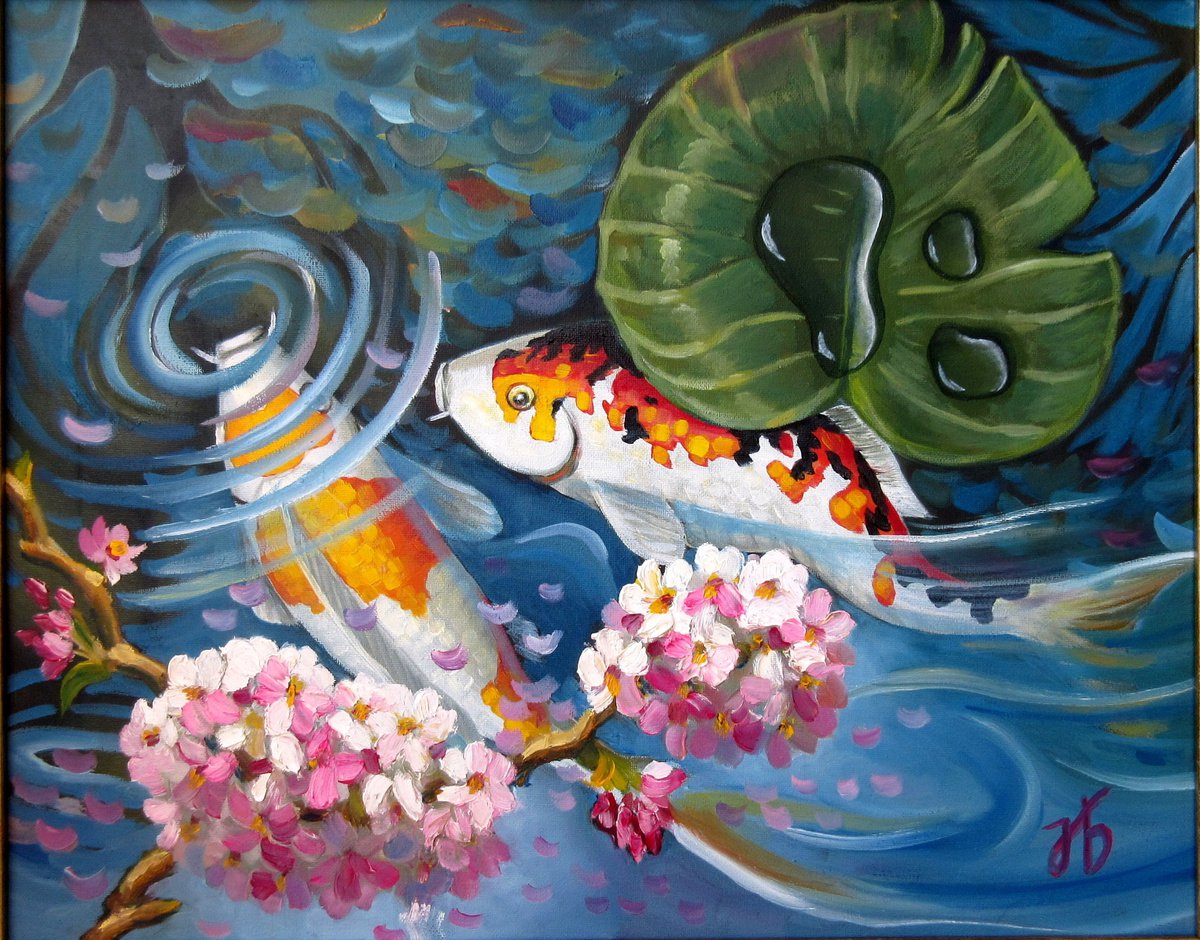 Koi Carp Fish with blooming sakura in the pond by Nadia Bykova