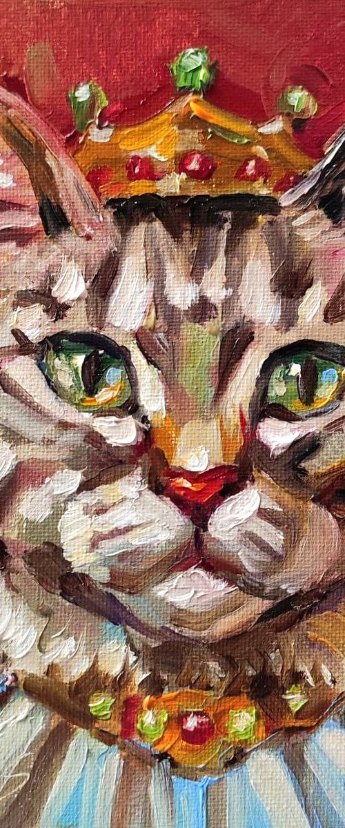 Queen Cat. Oil Painting, 8x8" by Natalia Miasnikova