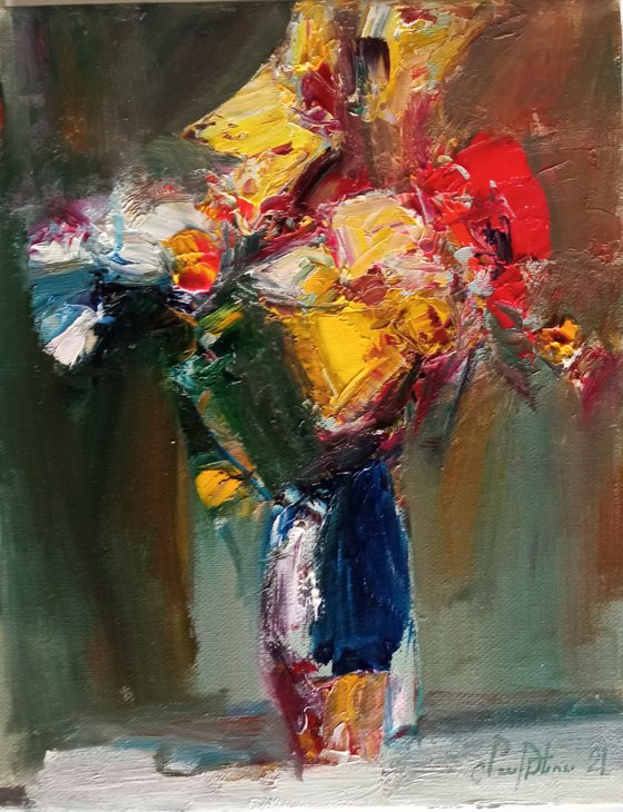 Red and yellow poppies (30x24cm, oil painting, palette knife)