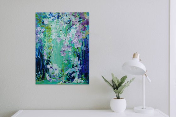 Abstract Tropical Flowers. Floral Garden. Magic Garden. Abstract Blue Floral Original Painting on Canvas 46x61cm Modern Art