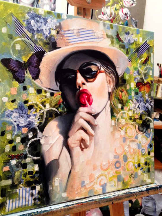Strawberry lollipop-original oil color - series portrait 16'x 16' (40 x 40 cm )