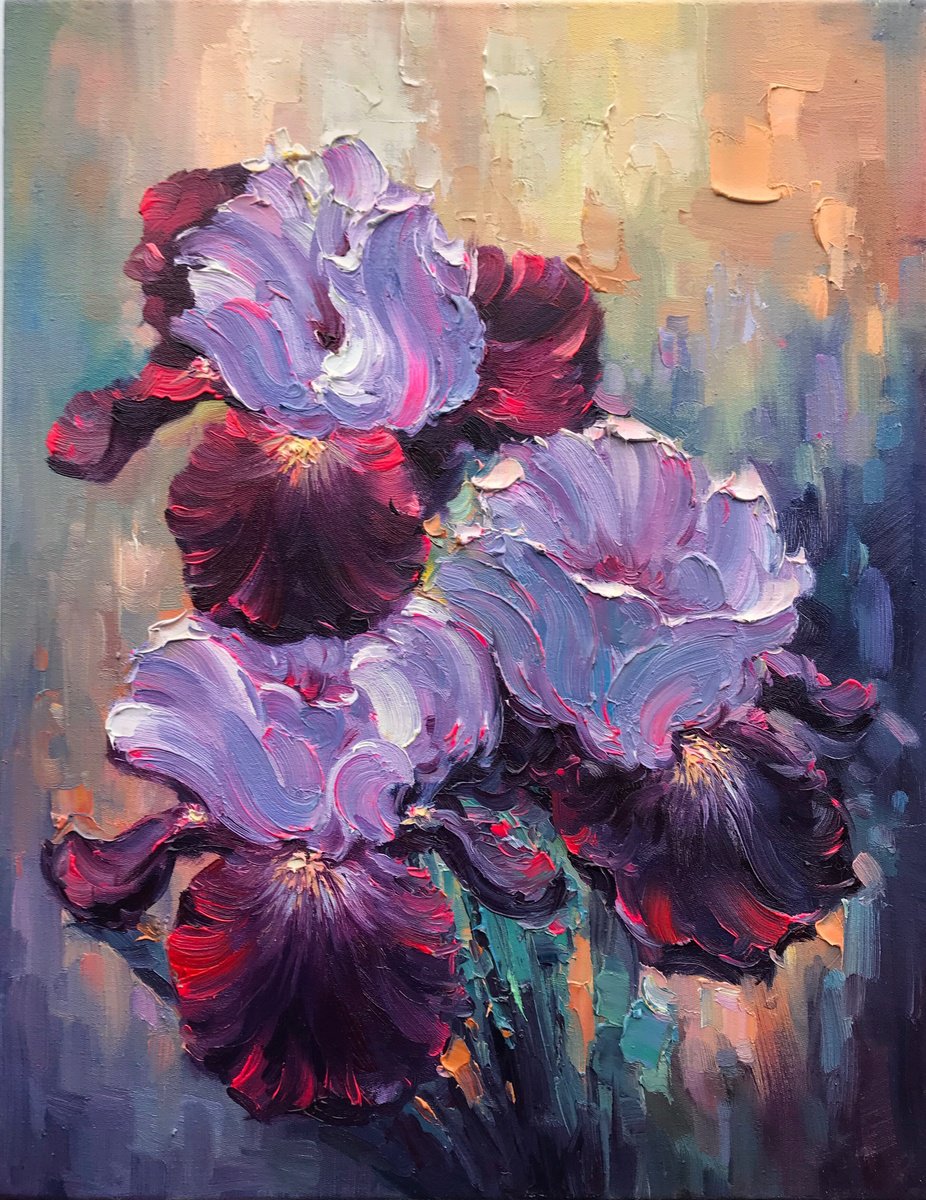 Impressionistic Botanical Oil Painting By Artem Grunyka, 14 X 18, Blooming Irises, Original Artwork