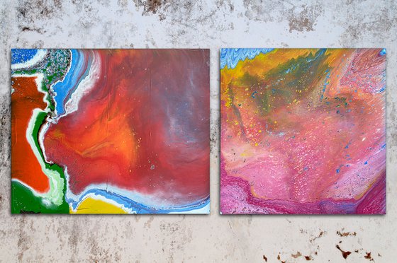 "Cracks and Bubbles" - Save As A Series - Original Large PMS Abstract Diptych Fluid Acrylic Paintings On Canvas - 66" x 30"