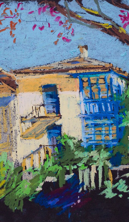 Toro, Spain. Old house under the sun. Oil pastel painting. Madrid original yellow blue old town interior decor detail gift by Sasha Romm