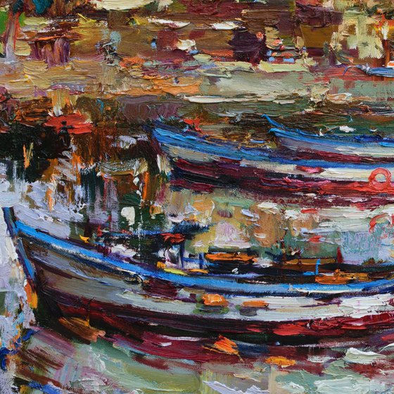 Boats in the harbor of Sicily - Italy Landscape painting