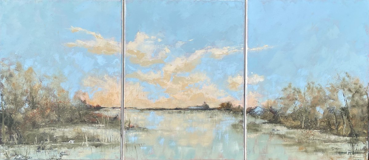Impressionistic Landscape Oil Painting By Shayne Mcgirr, 36 X 16", Morning Reflection, Original Artwork