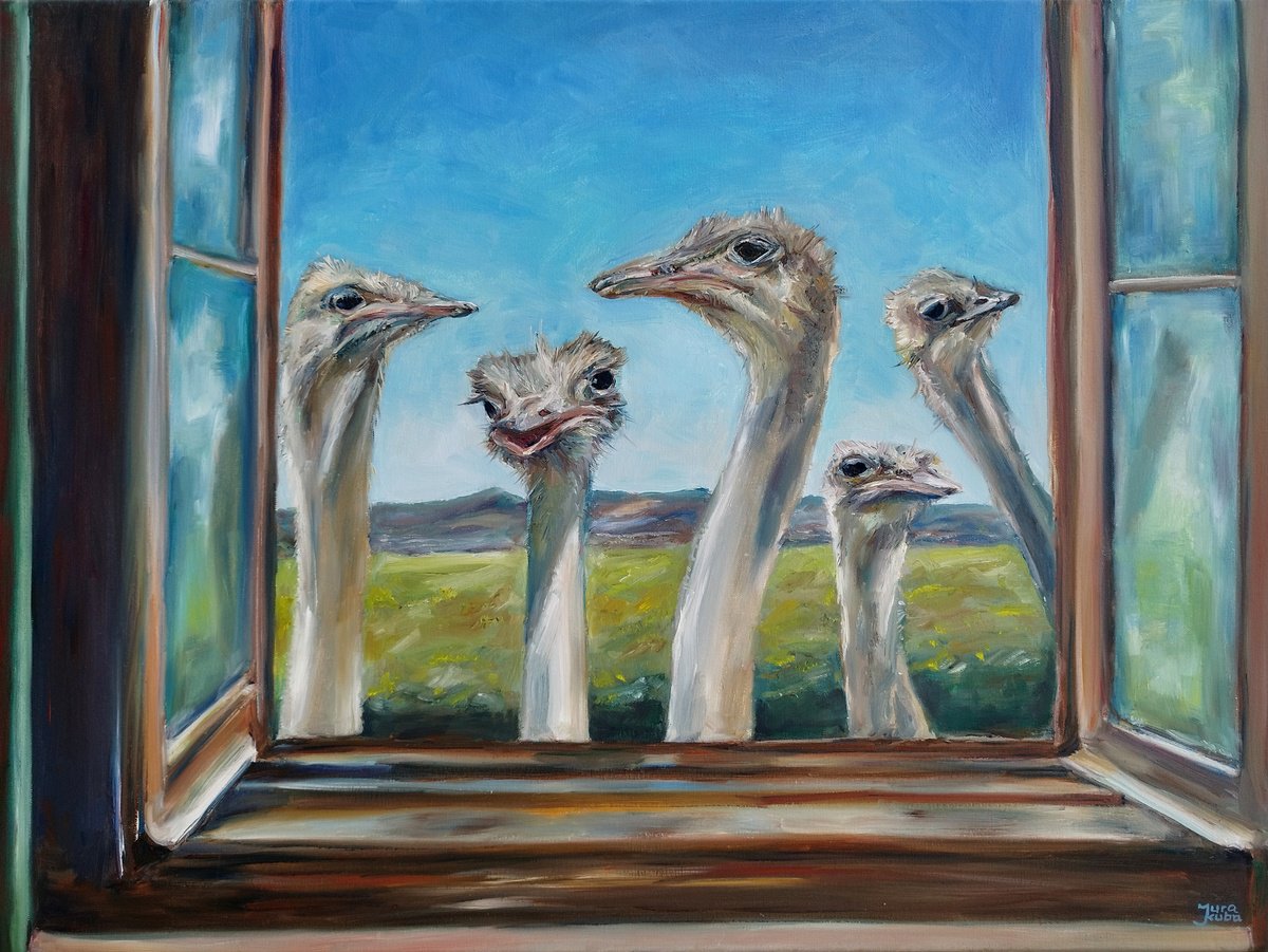 Photorealistic Animal Oil Painting By Jura Kuba Art, 31 X 24", Ostriches At The Window, Original Artwork