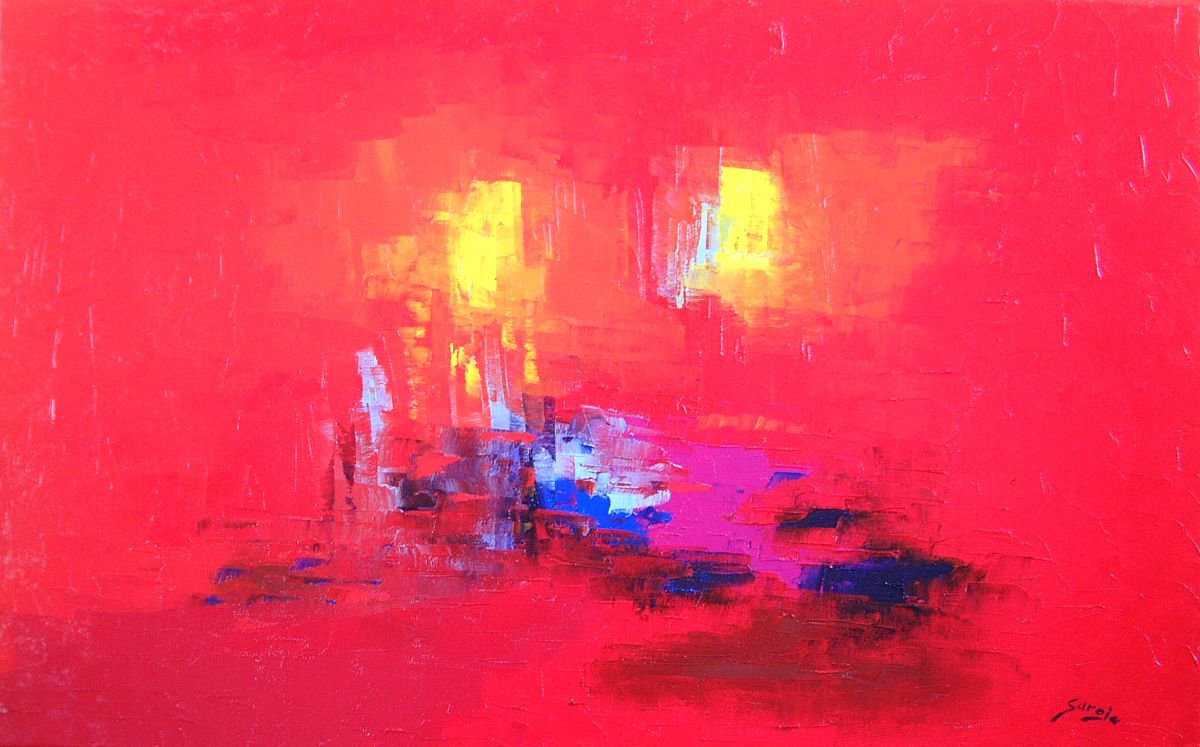 Abstract Landscape Oil Painting By Saroja Van Der Stegen, 26 X 17", Red (Ref#:964-12M), Original Artwork