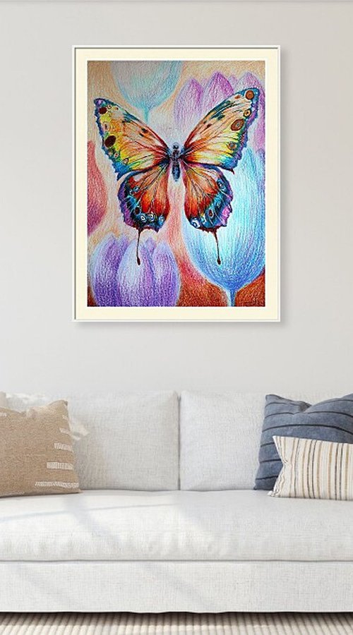 Vibrant Flight, Paper, Oil Pastel, 86x59 cm by Rakhmet Redzhepov