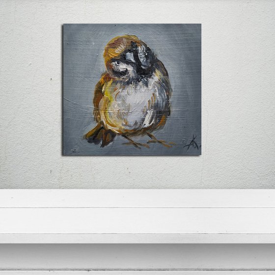 Sparrow - birds, oil painting, animal, bird sparrow, gift idea, small size, postcard size, postcards