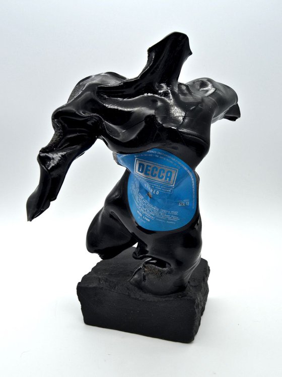 Male Figurative Sculpture, Vinyl Music Record on Black Stone, Vera Lynn