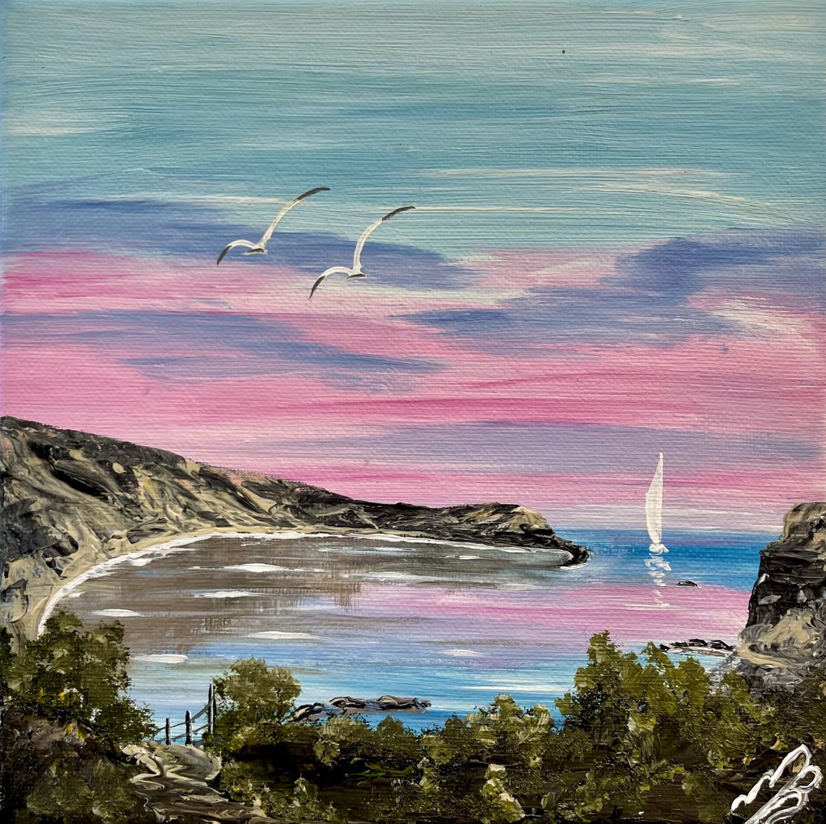 Lulworth Cove Under a Pink Sky by Marja Brown