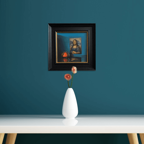 Mona Lisa & Orange Still Life original oil realism painting, with wooden frame.