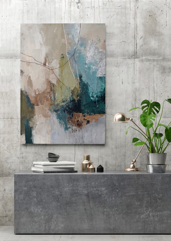 "Fall 3" Abstract acrylic teal green art