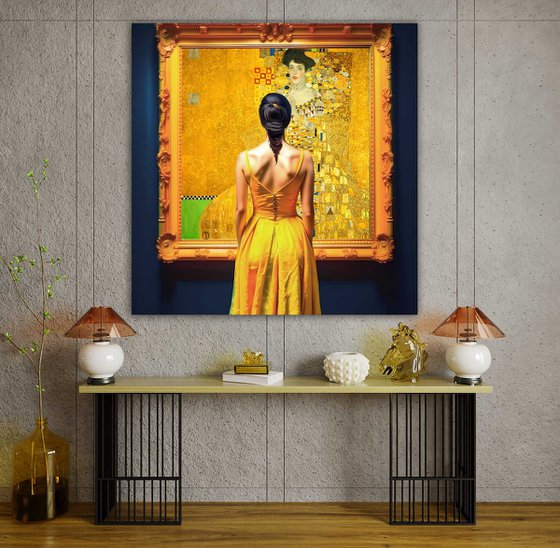 Woman in museum with Klimt Adele Bloch-Bauer - faceless portrait woman art, Gift