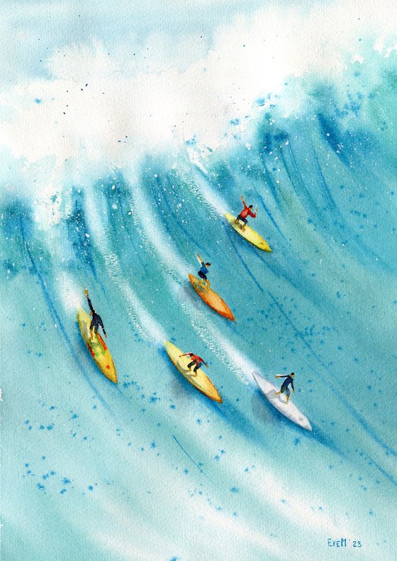 Surfers caught the wave. Bright summer watercolor. Original artwork.