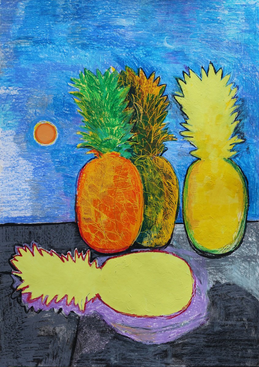 Naive Still Life Acrylic Painting By Artem Andreichuk, 24 X 34, Pineapples, Original Artwork