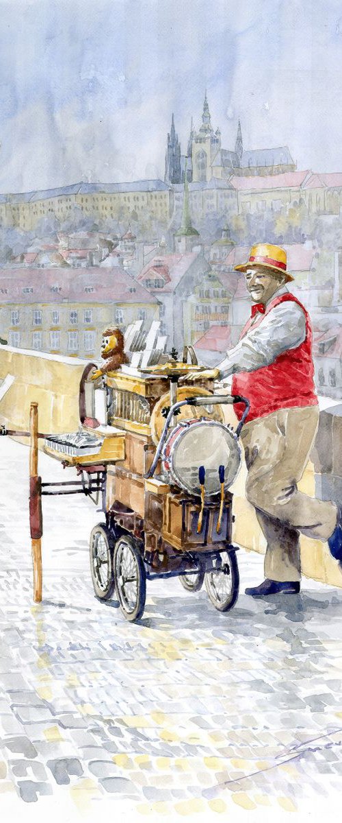 Prague Charles Bridge Organ Grinder-Seller Happiness by Yuriy Shevchuk