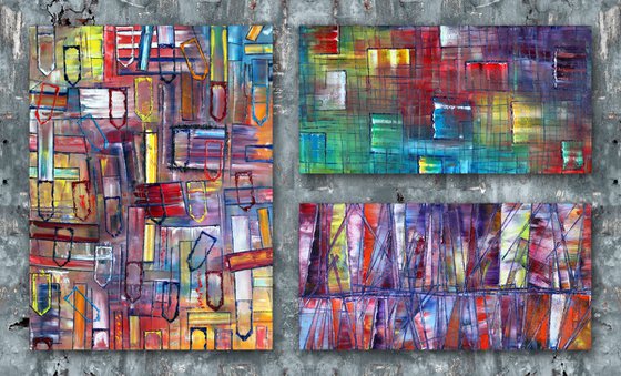 "It Will All Make Sense" - Original Xt Large PMS Abstract Triptych Oil Paintings On Canvas - 66" x 40"