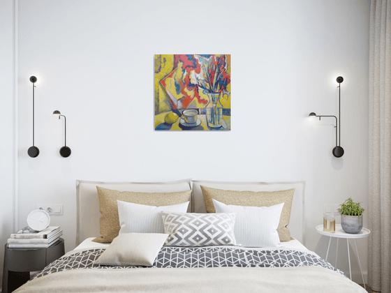 Yellow still life (50x50cm, cubism, oil painting, ready to hang)