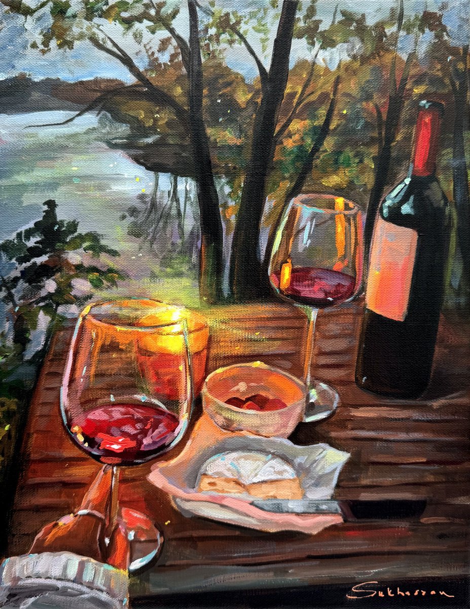 Impressionistic Still Life Acrylic Painting By Victoria Sukhasyan, 11 X 14", Wine By The Lake, Original Artwork