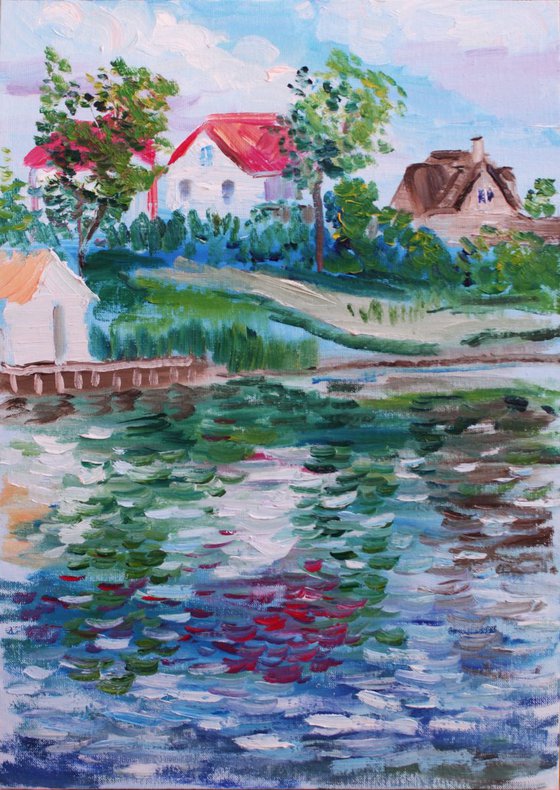 Pond in the village Plein air painting