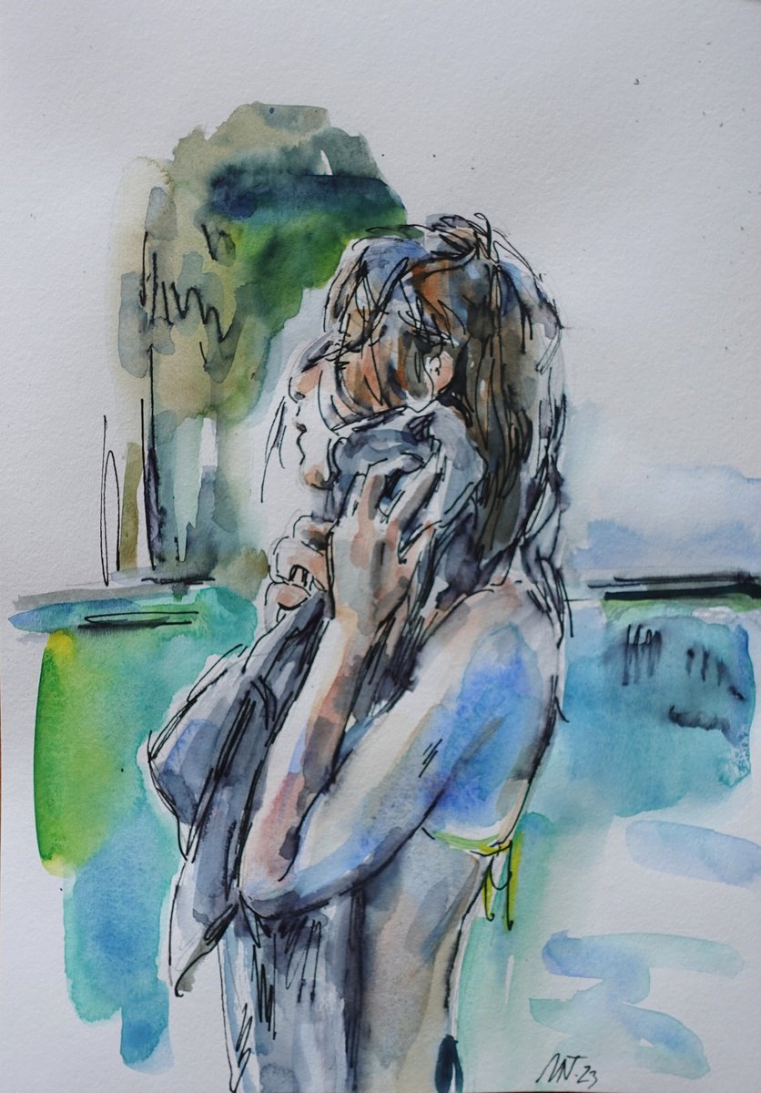 Impressionistic Portrait Watercolour By Nelina Trubach-Moshnikova, 9 X 13", A Pool 2, Original Artwork
