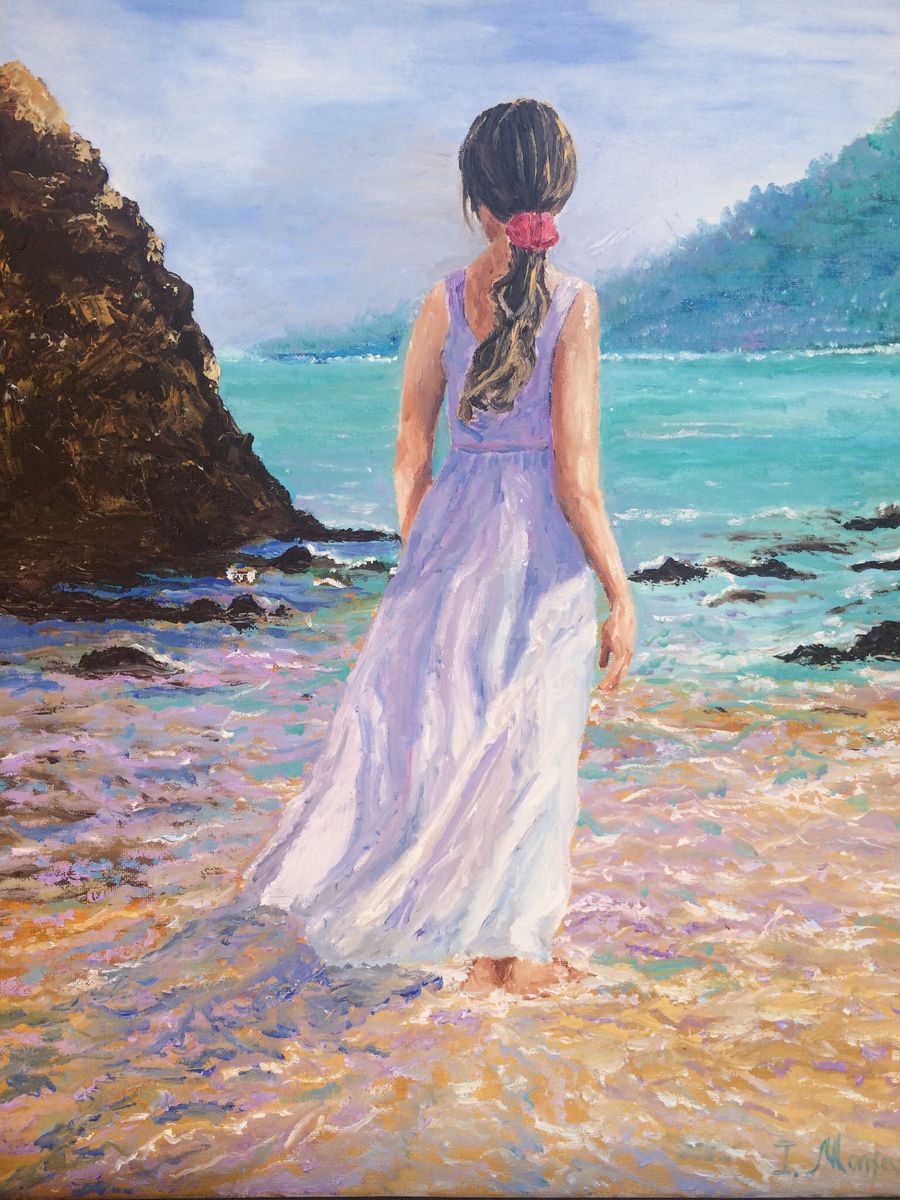 Impressionistic Portrait Oil Painting By Inna Montano, 16 X 20, Girl At The Beach, Original Artwork