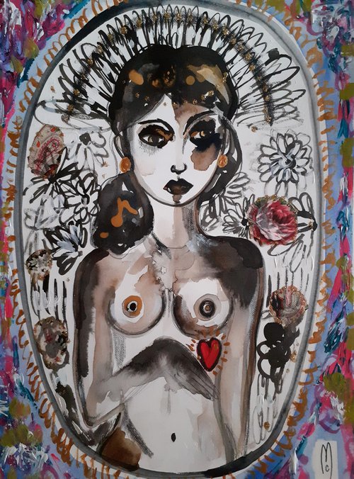 Woman Nude Red Heart by Céline Marcoz