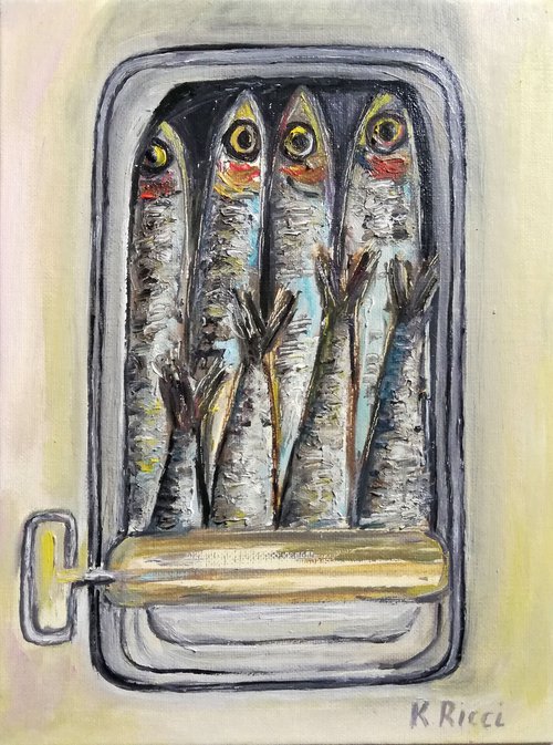 "Sardines Tin " Original Oil on Canvas Board Painting 6 by 8 inches (20x15 cm) by Katia Ricci