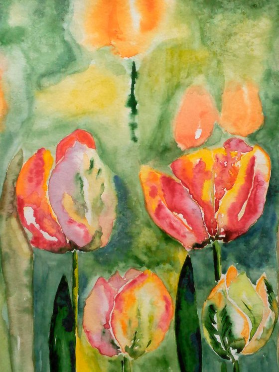 Tulip Painting Floral Original Art Flowers Watercolor Artwork Home Wall Art 17 by 12" by Halyna Kirichenko