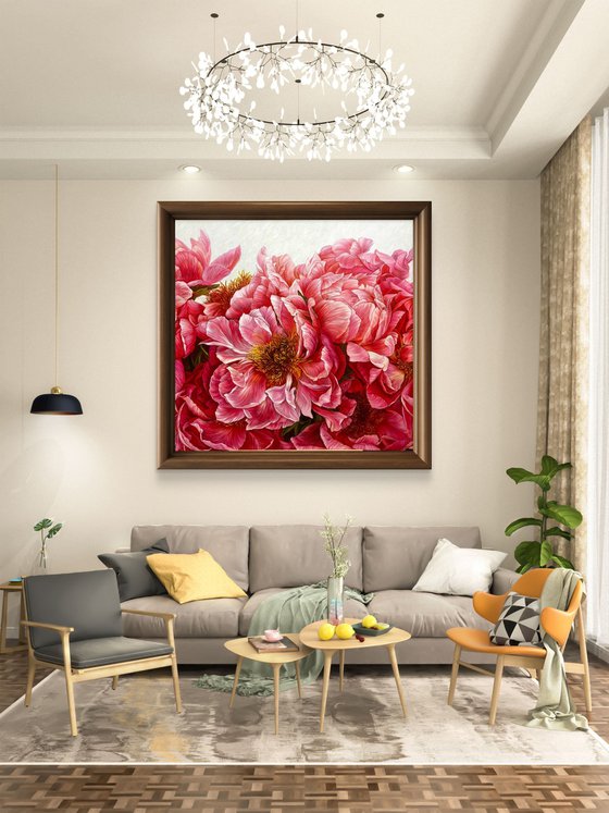 Composition of red peonies