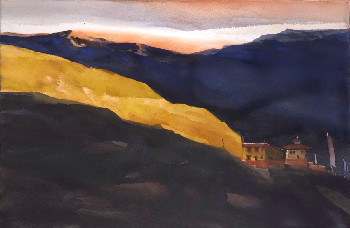 Impressionistic Landscape Watercolour By Prashant Prabhu, 27 X 17", Spiti Dusk, Original Artwork