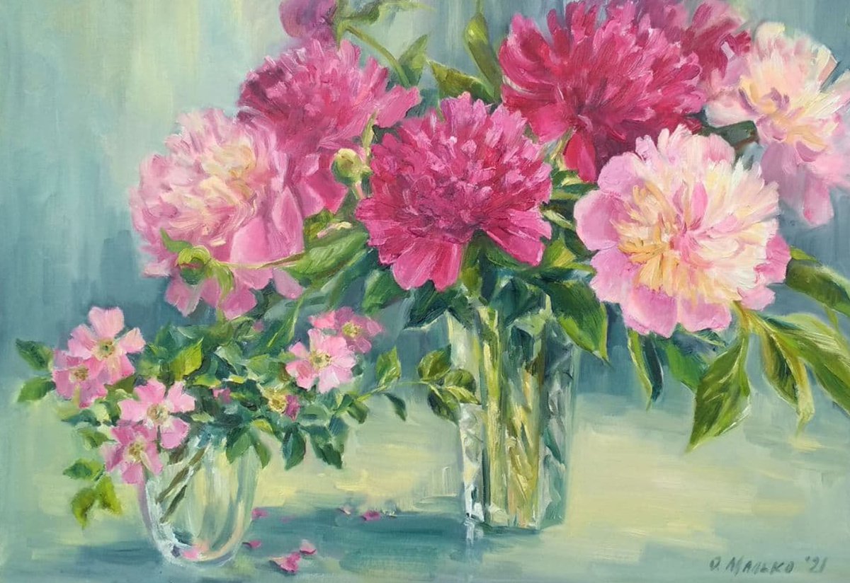 Peonies and wild roses / Spring summer flowers. Original picture in oil. Floral art work by Olha Malko