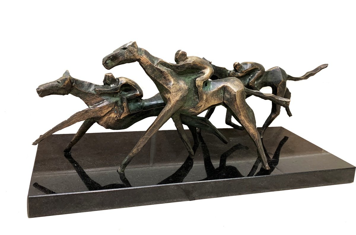 Expressive Animal Bronze Sculpture By Toth Kristof, 17 X 7", Horse Race, Original Artwork