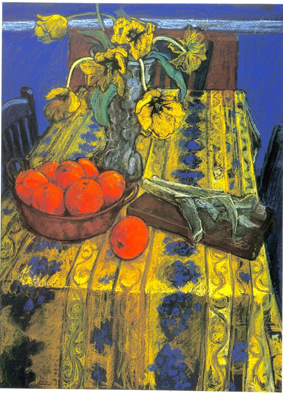 French Tablecloth and oranges still life