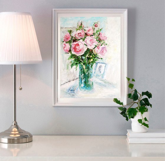 Roses Painting Original Art Pink Flower Bouquet Floral Wall Art