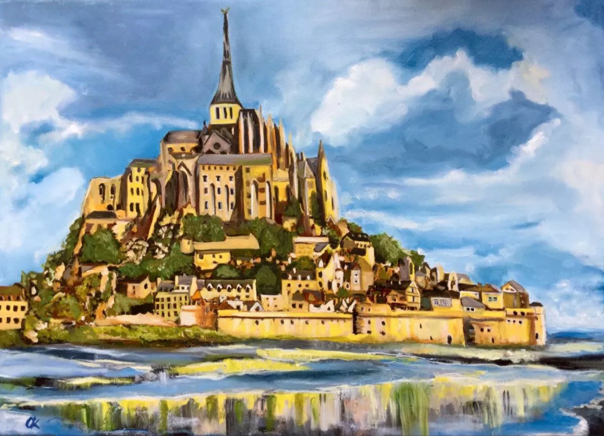 Impressionistic Cityscapes Oil Painting By Olga Koval, 22 X 16", Le Mont Saint Michel, Original Artwork