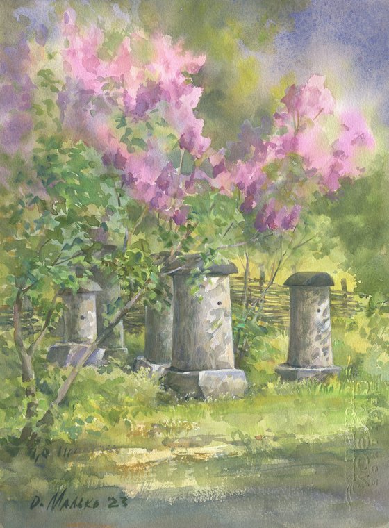 At the apiary before the storm. (At the museum) /ORIGINAL watercolor ~11x14in (28x37cm)