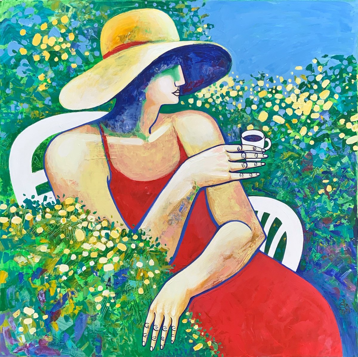 Naive Portrait Acrylic Painting By Elena Tomilova, 31 X 31, Capuccino, Original Artwork