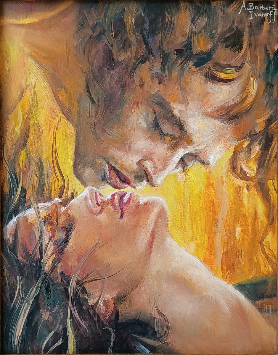 Expressive Portrait Oil Painting By Alexandre Barbera-Ivanoff, 14 X 17, The Kiss, Original Artwork