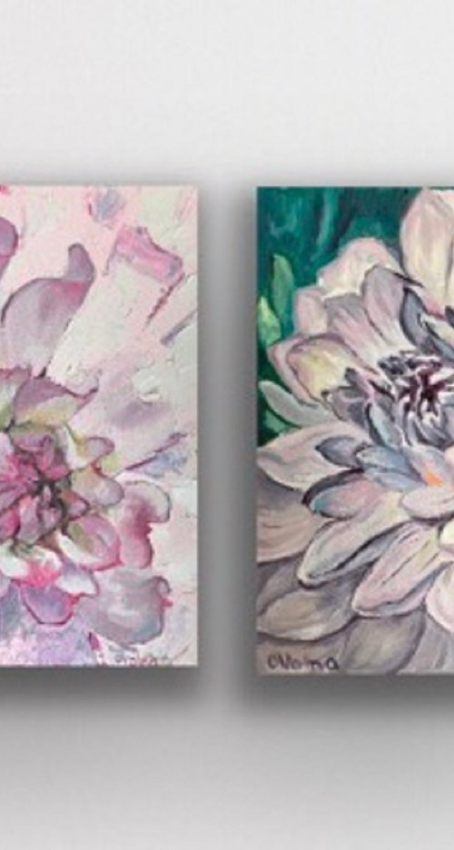 Set of 2 Purple chrysanthemum and Peony Painting Flowers Original Art Oil Painting by Olga Volna