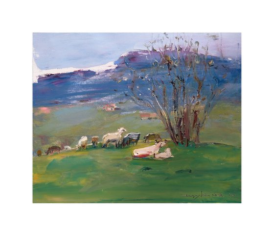 In the mountains in spring . Cows and sheep . Original oil painting